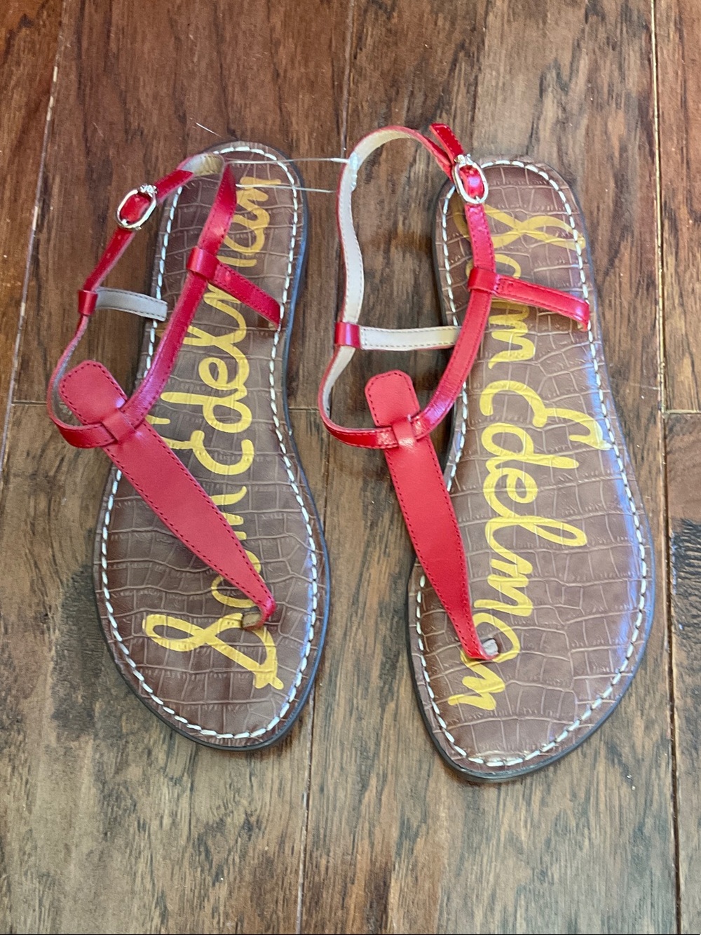 Sam Edelman Red T-Strap Brown Footbed Sandals